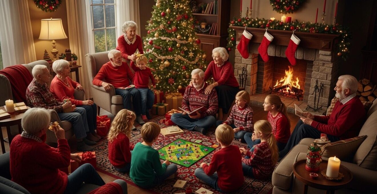 Famille de plusieurs générations réunie autour d’activités ludiques et créatives de Noël avec des sourires et échanges chaleureux