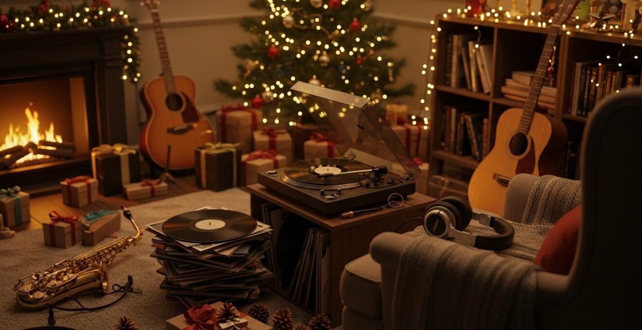 Photo réaliste d’un coin salon décoré avec des instruments de musique et lumières de Noël