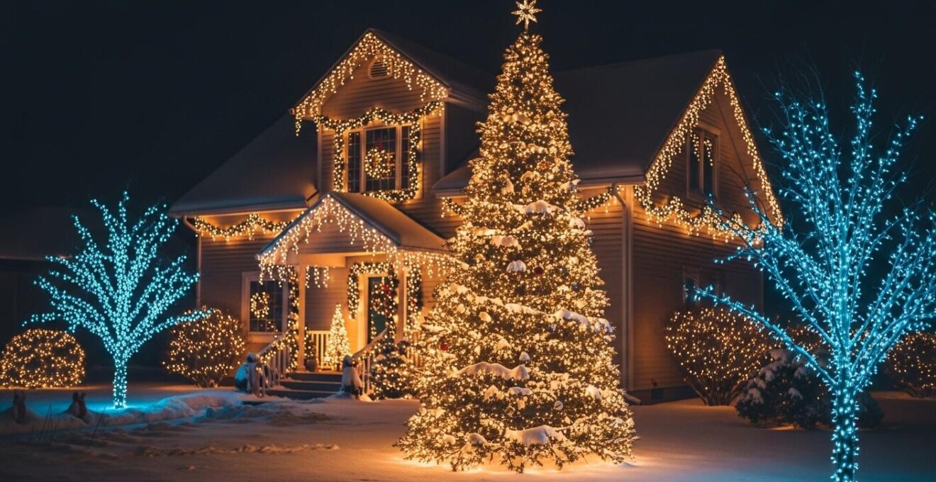Décoration festive de Noël avec une scénographie lumineuse spectaculaire mettant en valeur un sapin et une maison décorée de guirlandes lumineuses.
