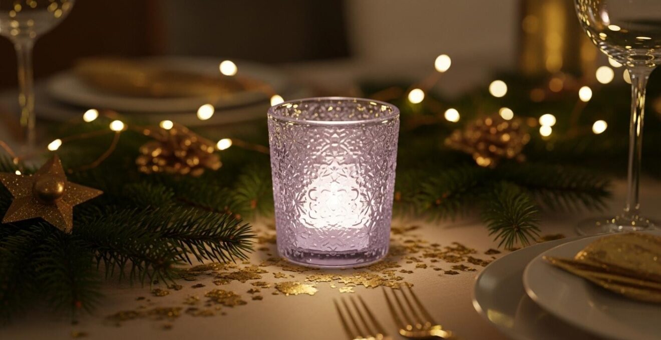 Photophore de Noël illuminé au centre d'une table de fête avec des décors chaleureux et féériques