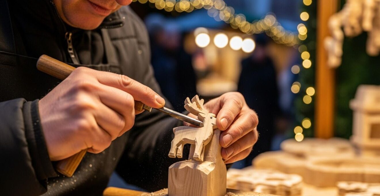 Artisan travaillant le bois dans un chalet de marché de Noël, exposant ses décorations artisanales typiques