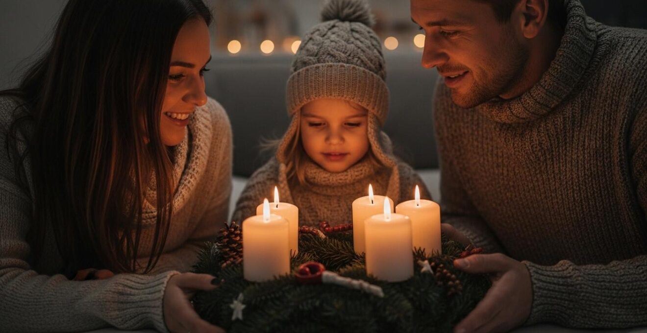 Photographie d'une famille réunie autour d'une couronne de l'Avent avec quatre bougies allumées dans un intérieur chaleureux d'hiver
