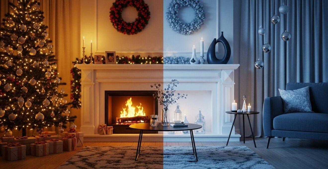 Comparaison visuelle entre éclairage blanc chaud et blanc froid sur une décoration de Noël traditionnelle et moderne