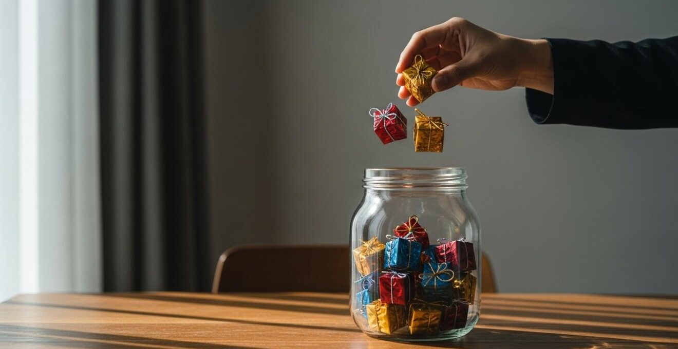 Photo conceptuelle d’une main déposant de petites boîtes colorées dans un grand bocal transparent, symbolisant la gestion budgétaire responsable