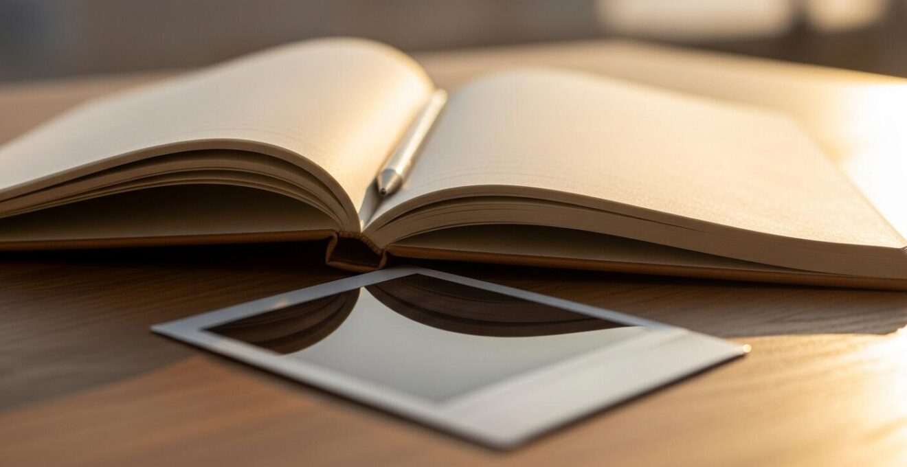Photo symbolique d’un carnet ouvert et d’un polaroid posé sur une table en bois, lumière dorée évoquant un souvenir heureux partagé