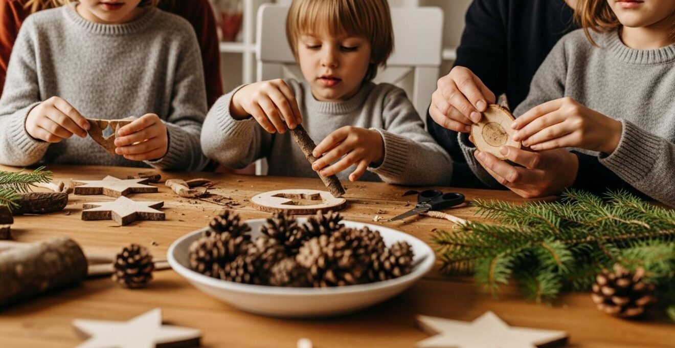Photo réaliste d'une table avec des enfants réalisant des activités manuelles de Noël, entourée d'objets naturels et de décorations d'hiver chaleureuses