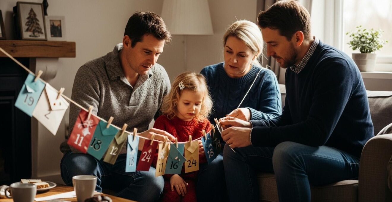 Famille décorant un calendrier de l’Avent fait maison avec des enveloppes colorées