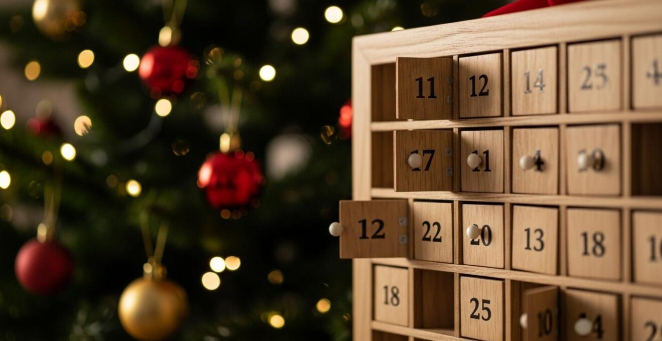 Photographie réaliste d'un calendrier de l'Avent traditionnel avec fenêtres numérotées, décorations de Noël chaleureuses et une ambiance lumineuse douce