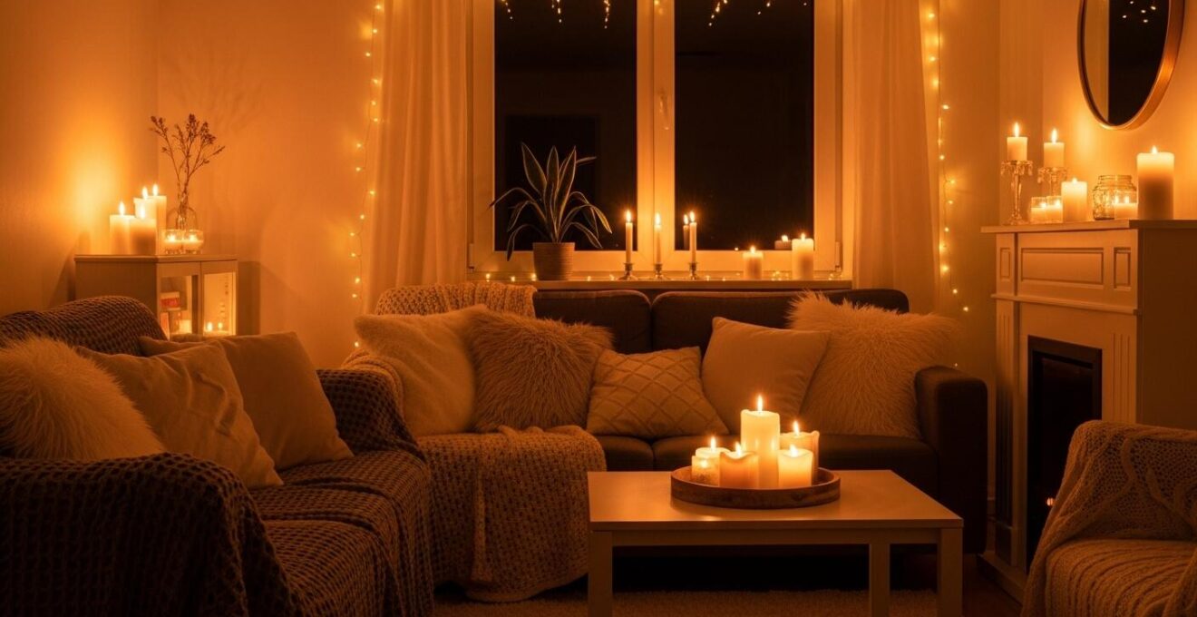 Salon d'intérieur cosy avec plaids, coussins, tapis et éclairage doux pour une atmosphère chaleureuse