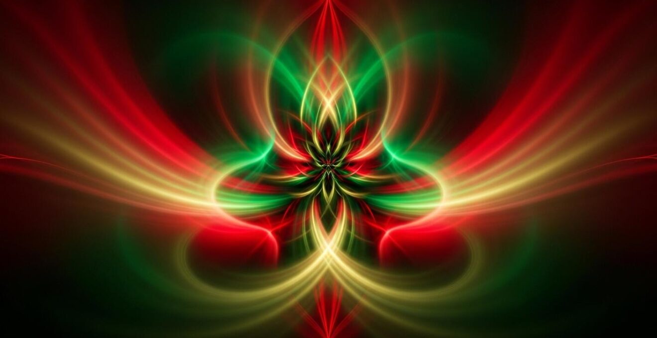 Composition artistique abstraite des couleurs rouge, vert et or symbolisant l'ambiance de Noël et des émotions qu'elles véhiculent