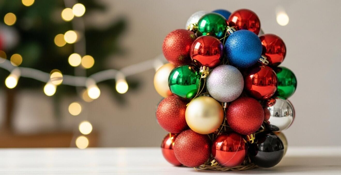 Photographie d’un centre de table fait main avec boules de Noël nouées et lumière naturelle festive