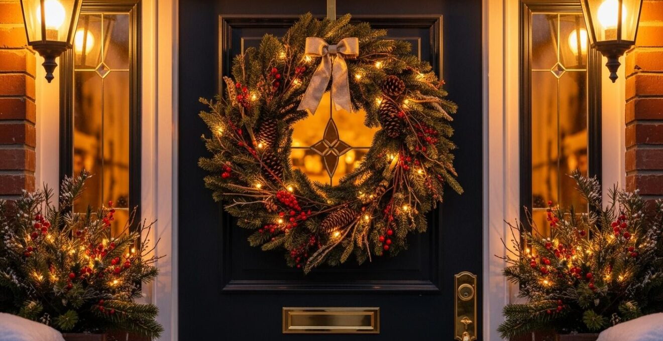 Porte d'entrée décorée de Noël avec couronne, guirlandes et lumières, évoquant chaleur et hospitalité