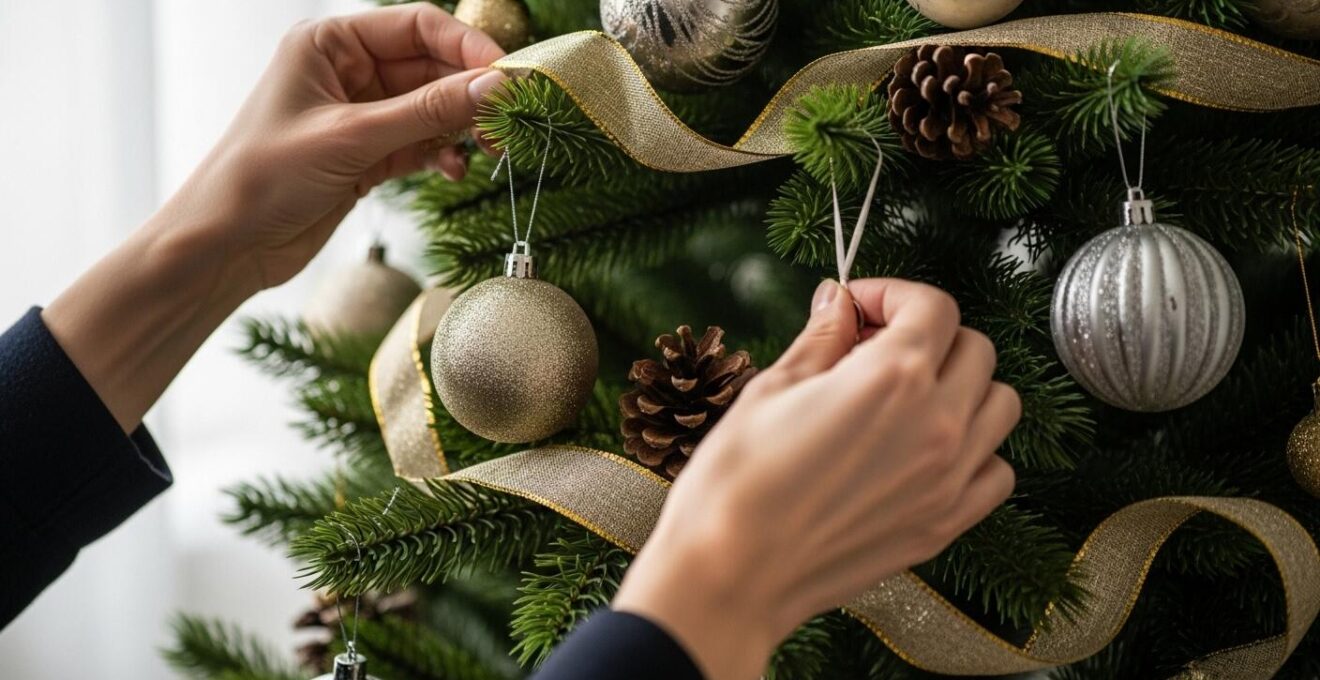 Mains décorant un sapin de Noël avec des rubans, boules et guirlandes, vue rapprochée sur la mise en scène des textures