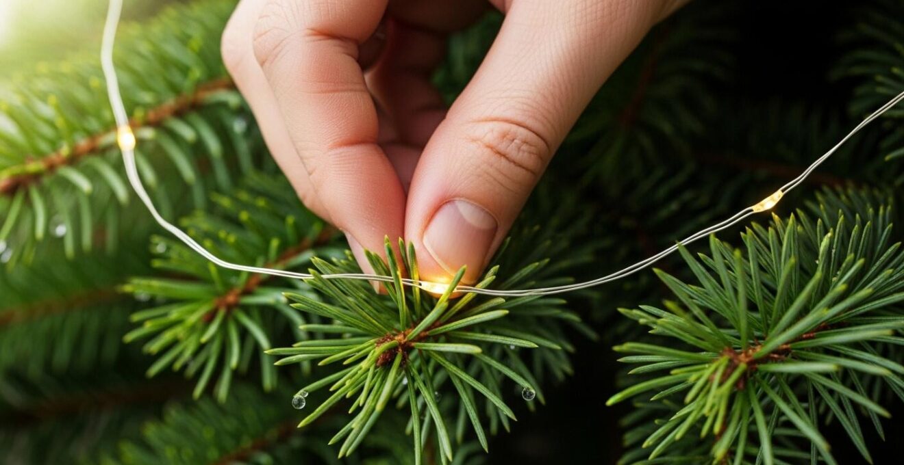 Détail rapproché d'une main installant une guirlande lumineuse de manière précise sur un sapin de Noël en intérieur festif