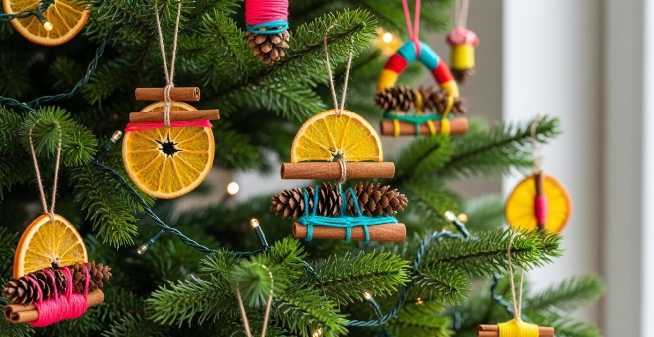 Décorations fait-main colorées et naturelles suspendues sur les branches d'un sapin de Noël dans un intérieur chaleureux