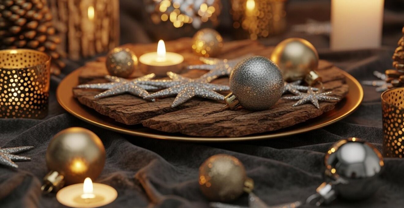 Décoration élégante de Noël mêlant or et argent avec bois et velours, ambiance lumineuse et festive