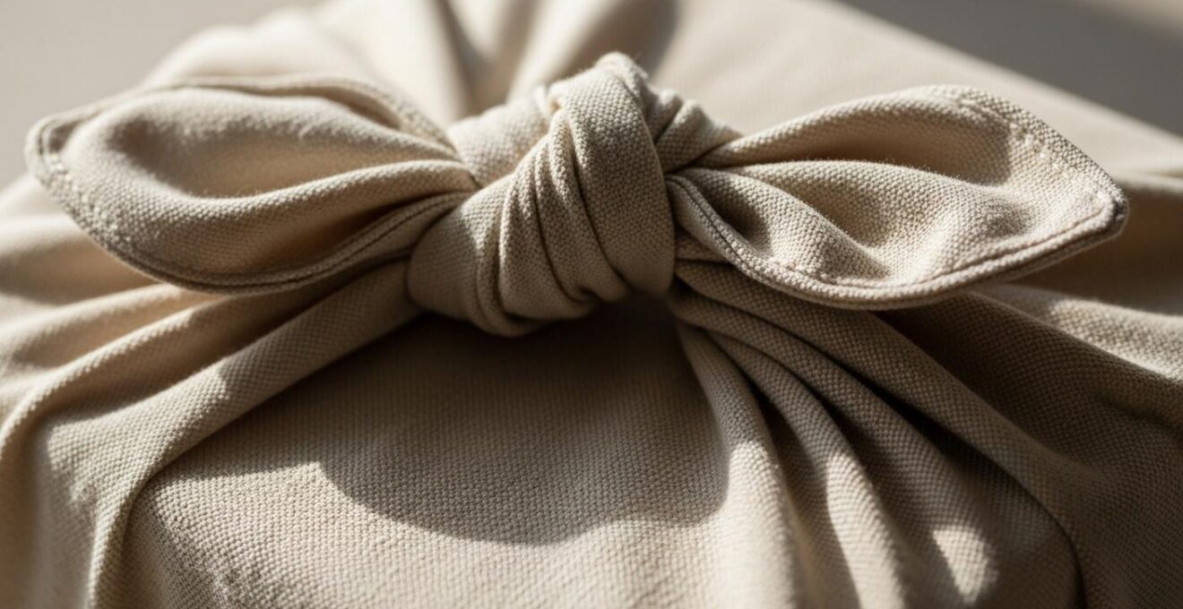 Photographie d’un cadeau emballé selon la technique japonaise furoshiki avec un tissu naturel