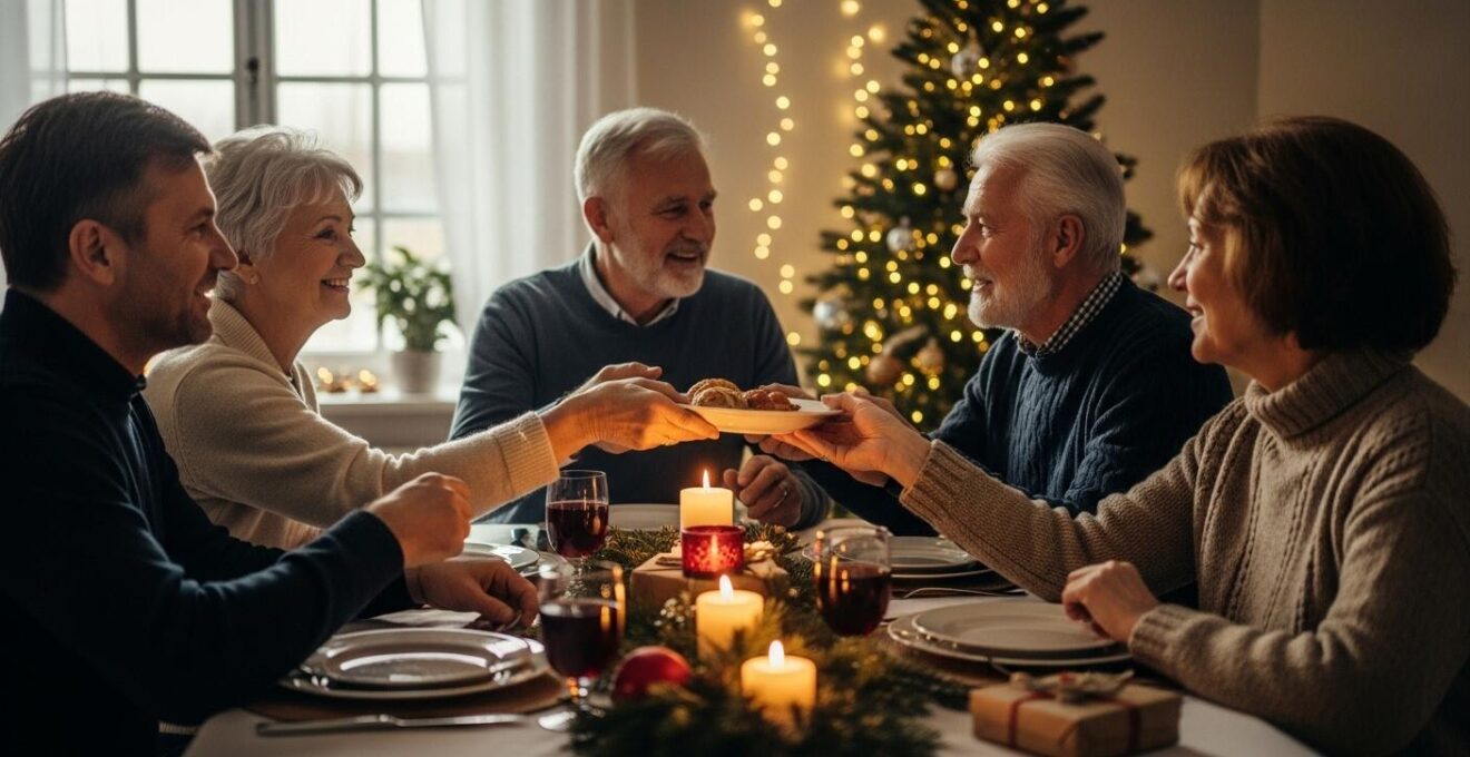 Une famille intergénérationnelle réunie autour d'une table de fêtes de fin d'année, souriants et partageant un moment chaleureux