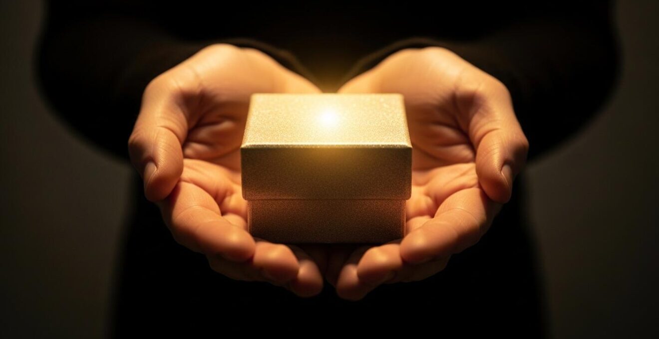Photo symbolique de mains ouvertes et chaleureuses tenant un petit coffret cadeau illuminé, dans une lumière douce et chaleureuse
