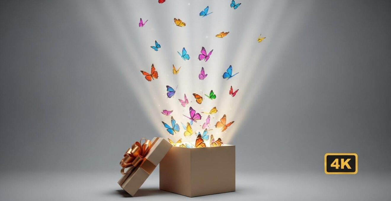 Illustration métaphorique d’un cadeau ouvert d’où s’envolent des papillons colorés, symbolisant la transformation d’une déception en positivité