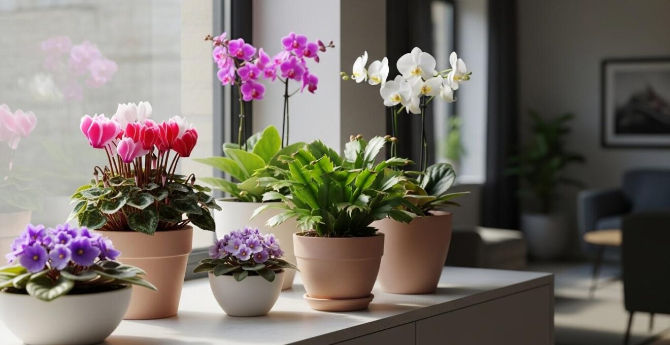 Composition élégante de cyclamen et plantes de Noël en intérieur avec lumière naturelle