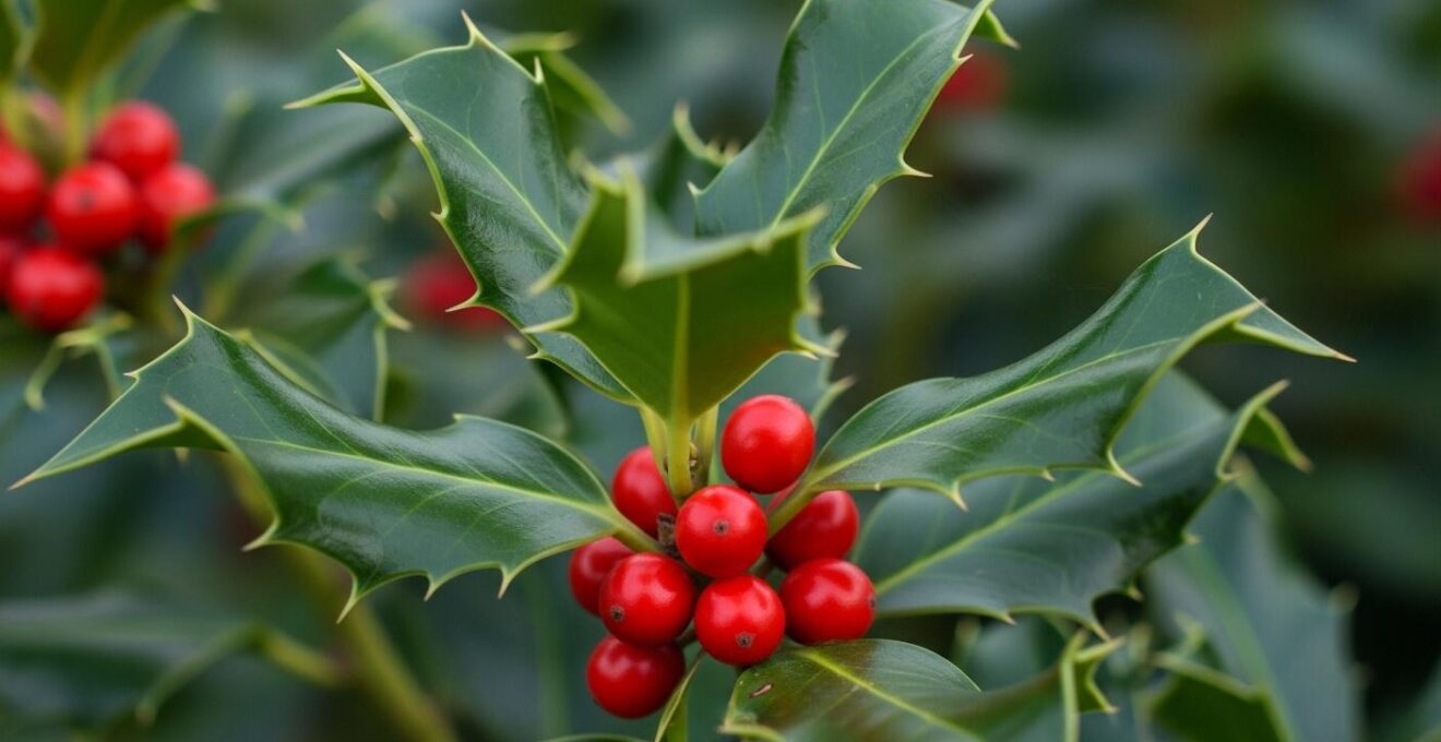Gros plan sur les feuilles épineuses et baies rouges du houx avec lumière naturelle douce