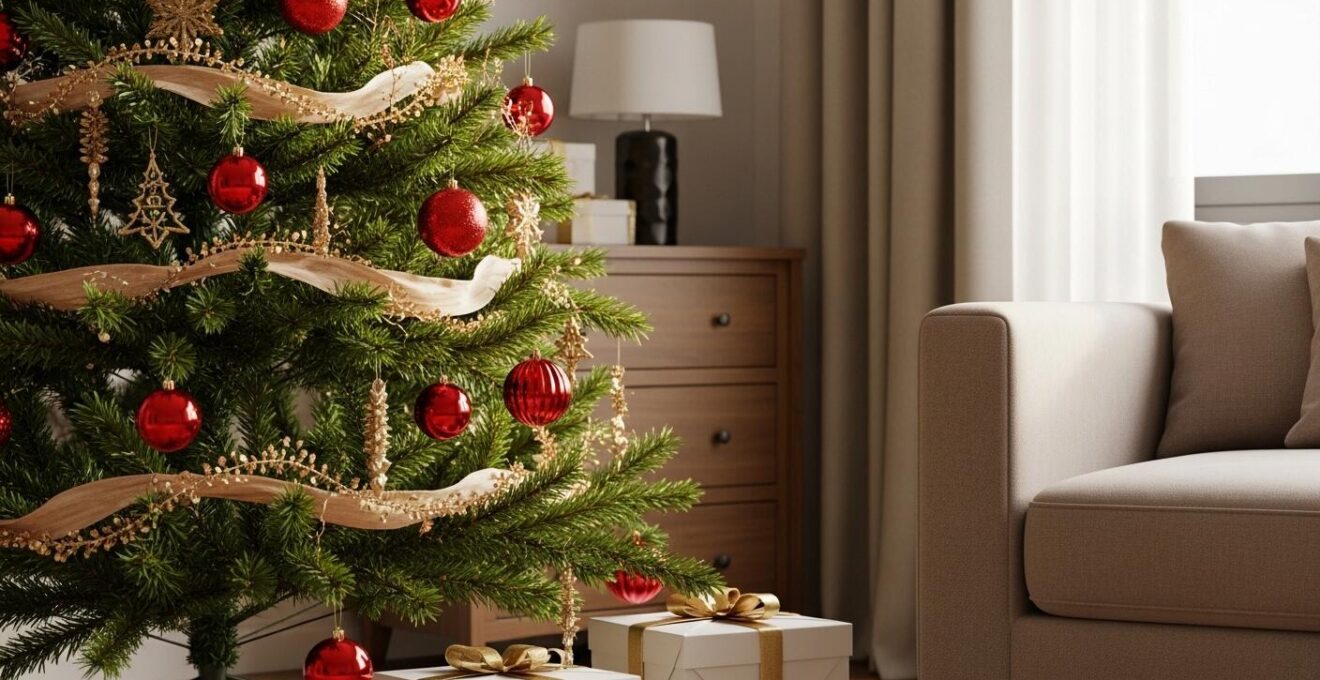 Photographie réaliste d'un salon décoré pour Noël avec des décorations rouges, vertes et dorées chaleureuses