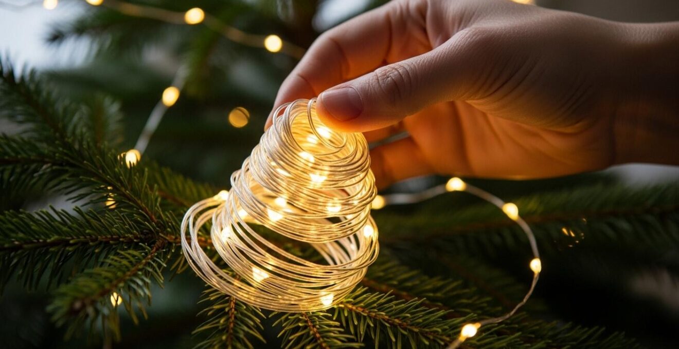 Détail macro d'une main en train d'enrouler une guirlande lumineuse autour d'un sapin de Noël