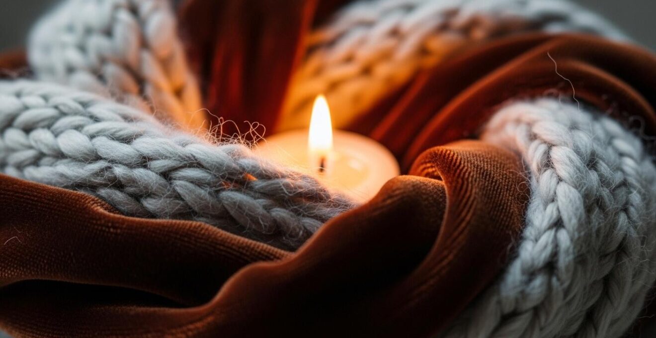 Photo réaliste d'un salon d'hiver cocooning avec plaids, coussins en laine, bougies et éclairage tamisé