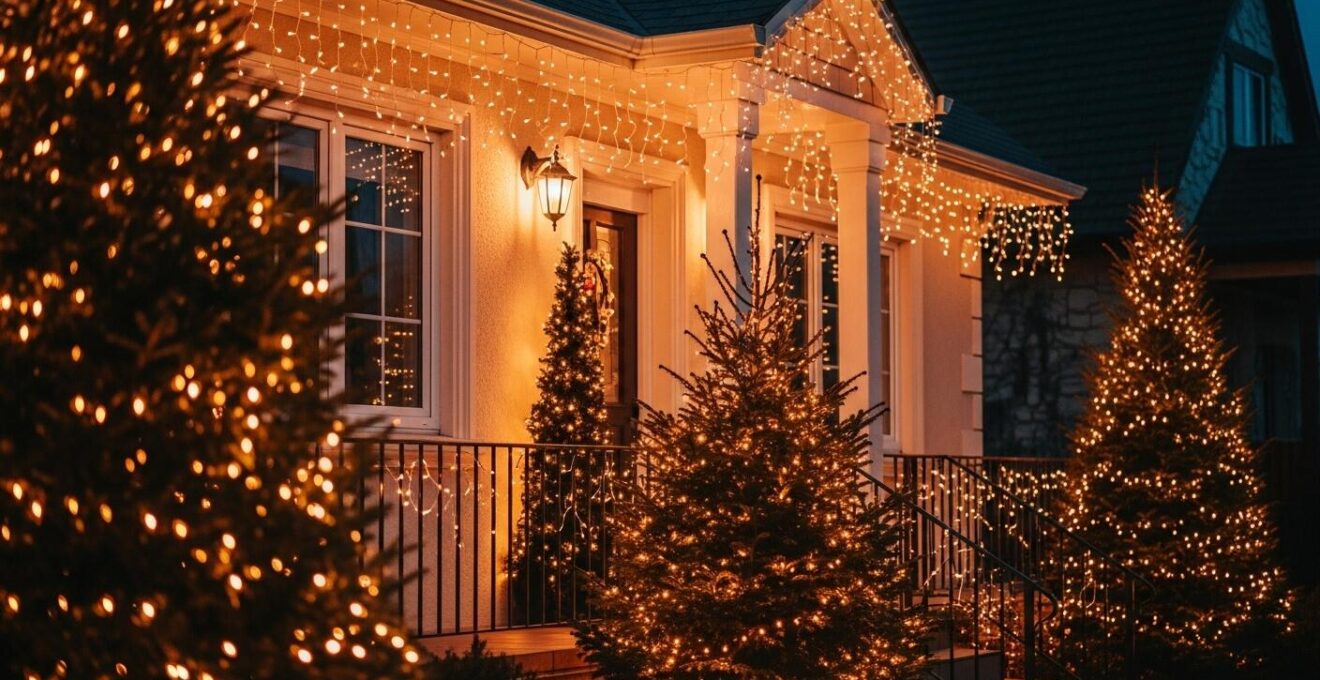 Photo réaliste d'une maison décorée pour Noël avec lumières scintillantes, sapin illuminé et ambiance chaleureuse de fête