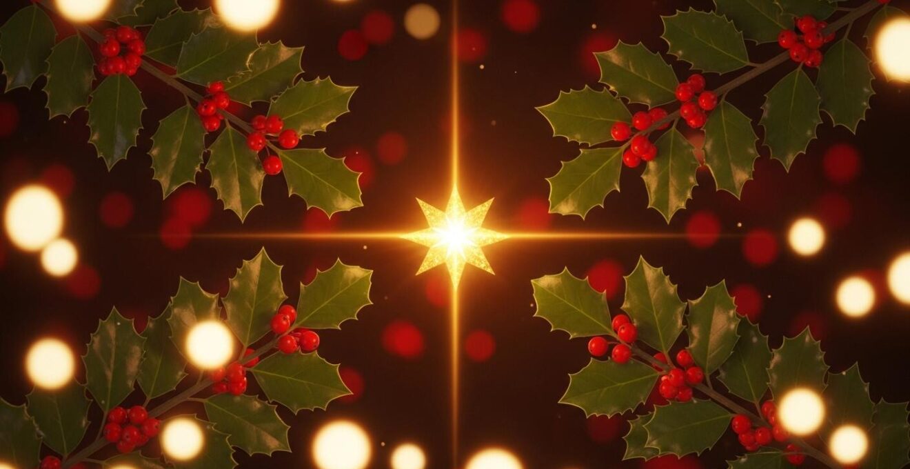 Composition festive avec les couleurs rouges, vertes et or symbolisant Noël et évoquant chaleur, espoir et richesse.