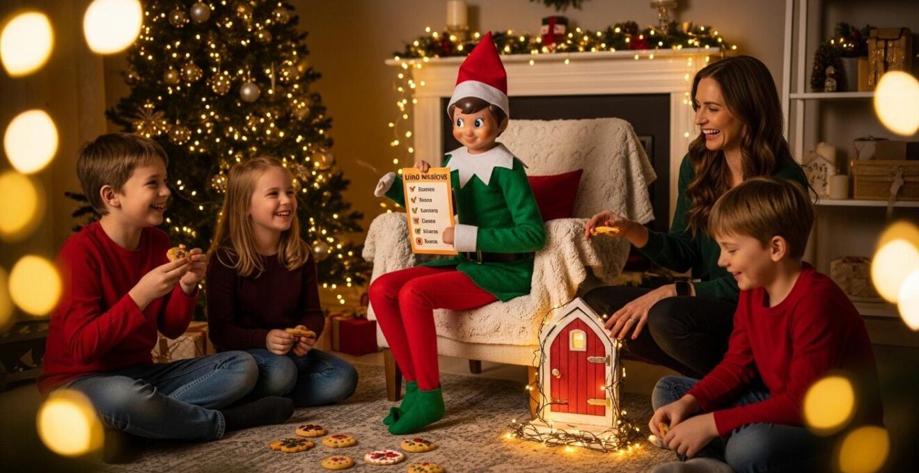 Lutin farceur malicieux dans une maison décorée de Noël avec enfants riant des farces