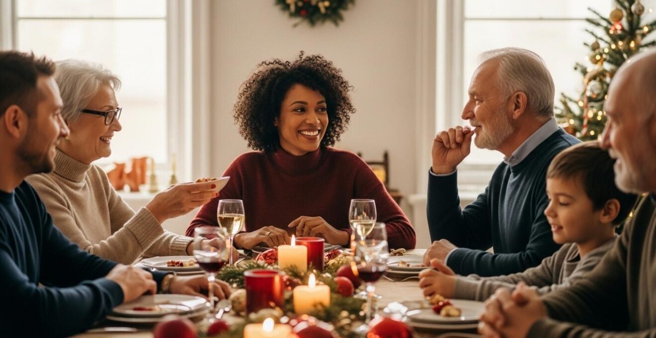 Photo réaliste d'une famille autour de la table de Noël partageant un moment de communion sincère
