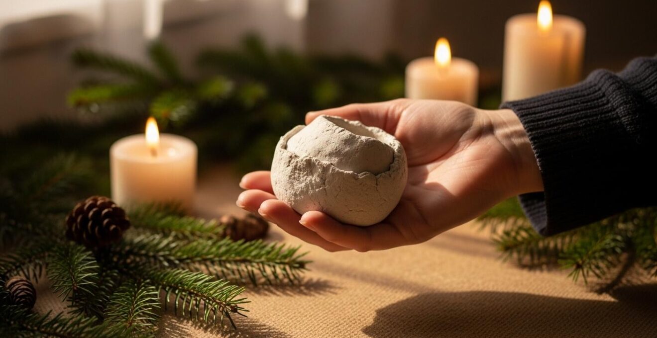 Photographie réaliste d'un cadeau artisanal imparfait avec décoration de Noël chaleureuse et authentique