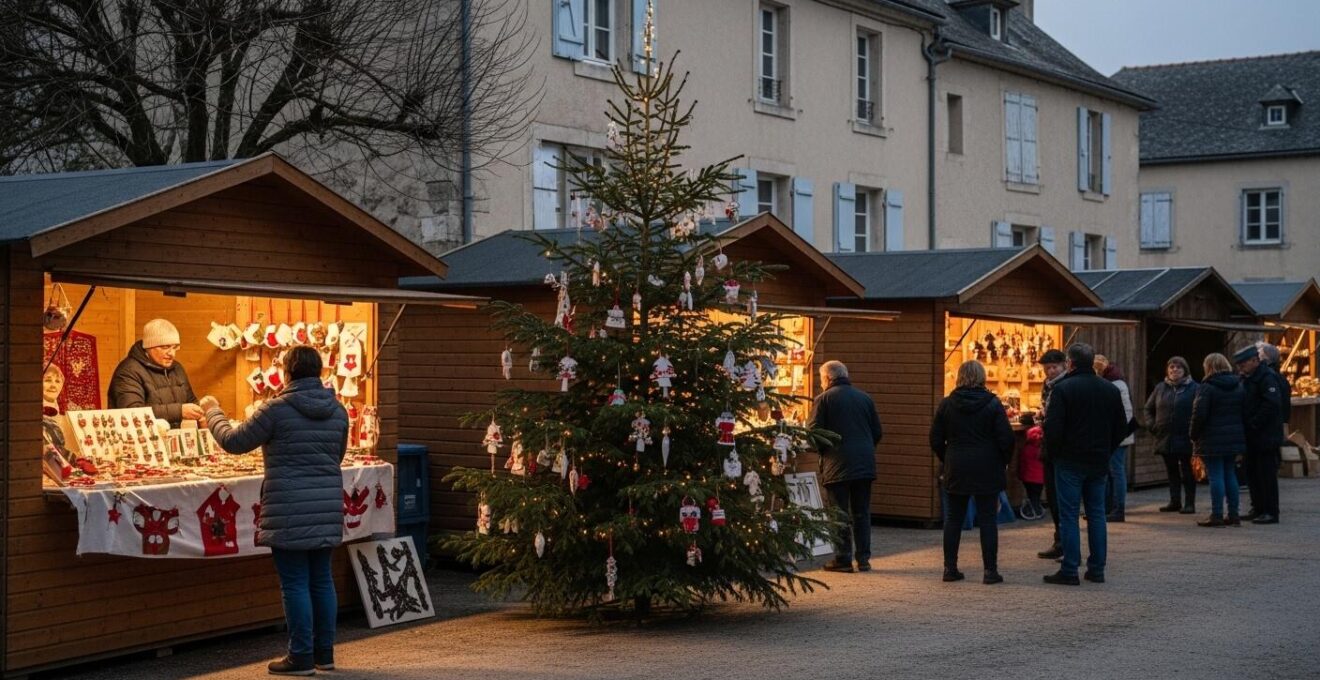 Scène festive et chaleureuse représentant des traditions de Noël françaises avec sapin, guirlandes artisanales et marché local en arrière-plan