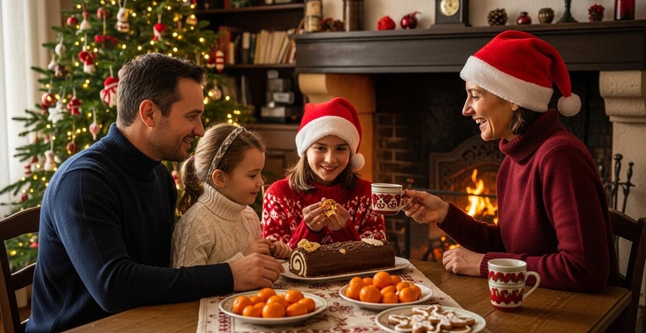 Scène chaleureuse de Noël en France avec une famille réunie autour d'une cheminée décorée, sapin illuminé, et objets traditionnels des fêtes