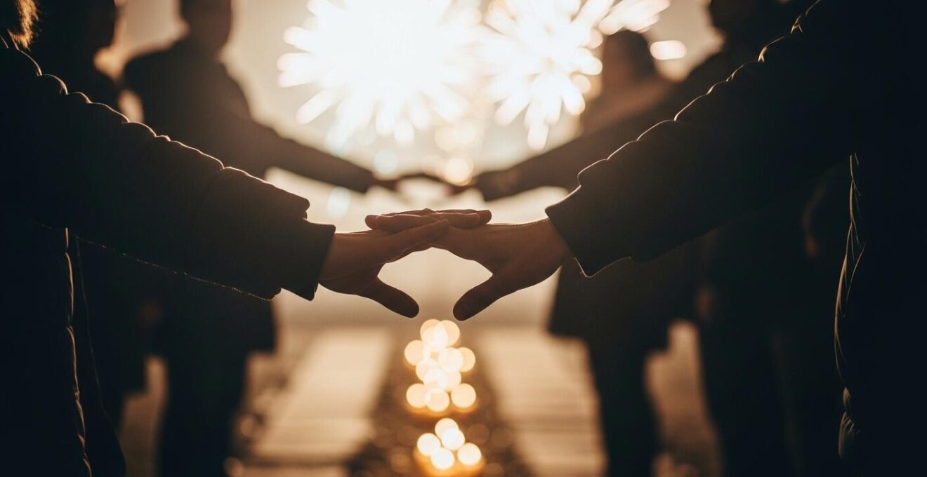 Scène symbolique d'une soirée du Nouvel An avec personnes célébrant dans une ambiance chaleureuse et festive