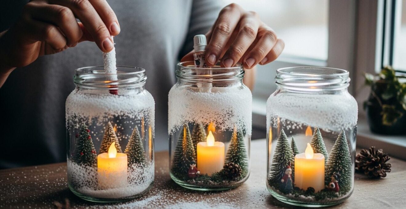 Photophores de Noël faits maison avec bocaux en verre, décorations de neige artificielle et petites figurines festives