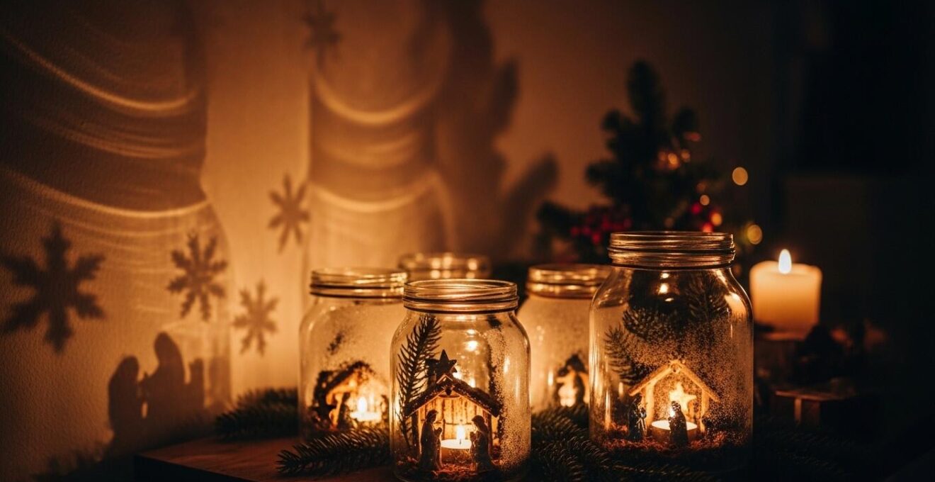 Photophores de Noël illuminés sur une table de fête chaleureuse et festive avec décorations traditionnelles