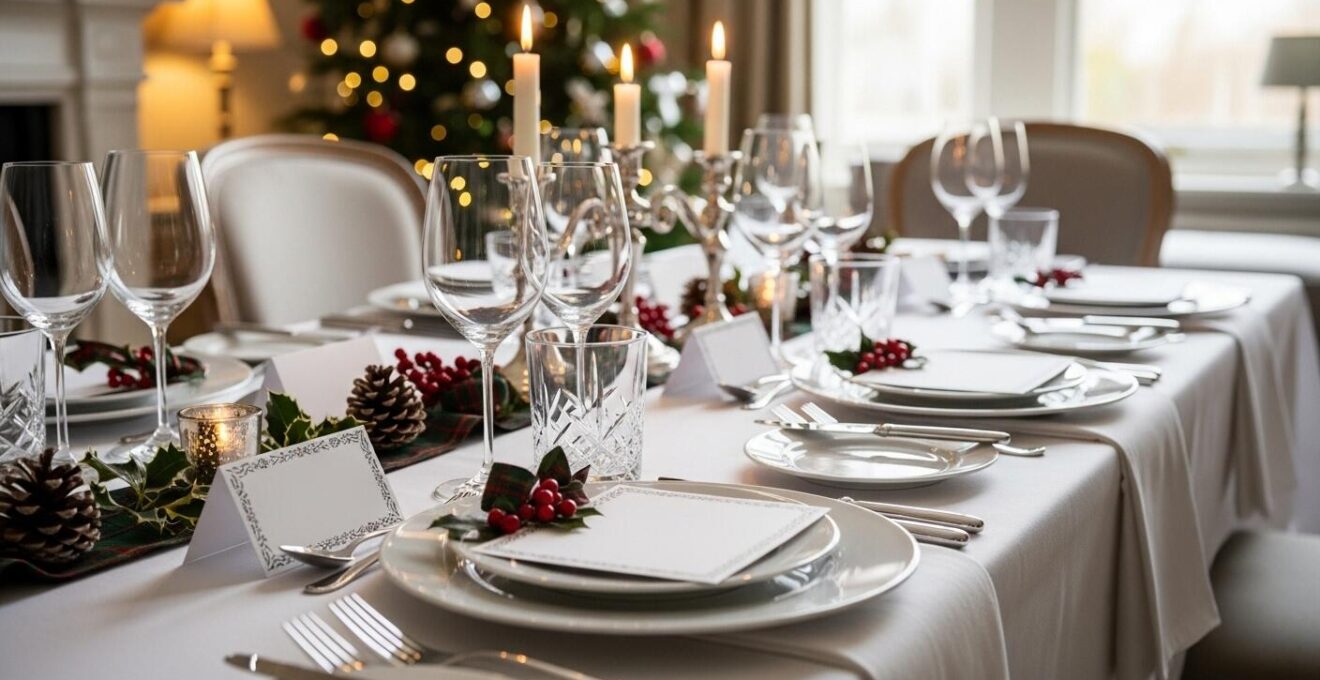 Table dressée avec des places bien organisées et décorations élégantes, symbole d’une ambiance conviviale et chaleureuse.