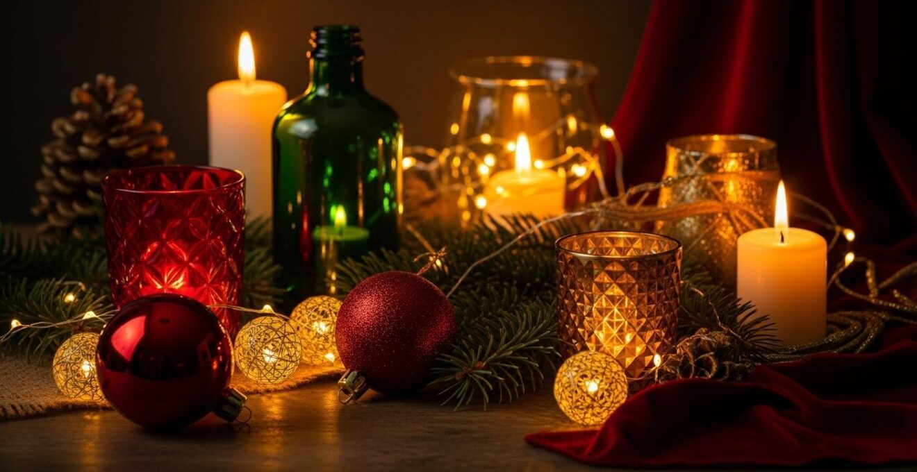 Composition décorative illustrant la règle de 3 en couleurs, textures et luminaires pour Noël
