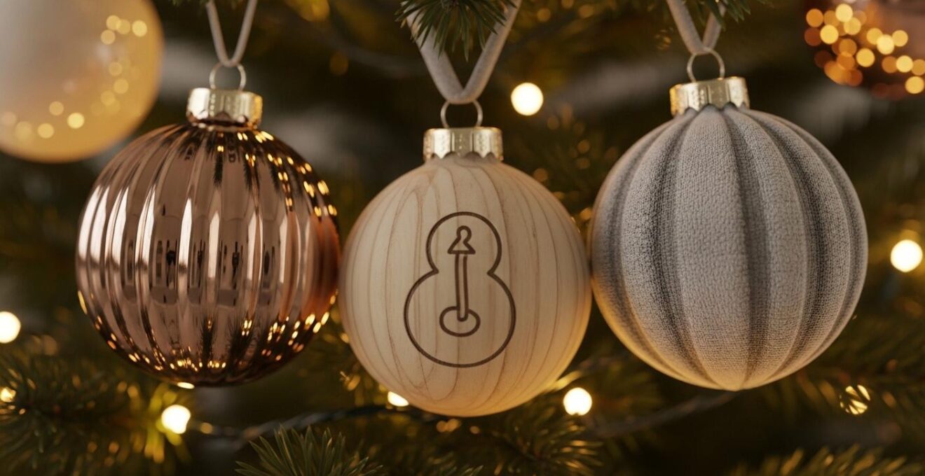 Trois boules de Noël de tailles et textures différentes, harmonieusement disposées sur un sapin illuminé