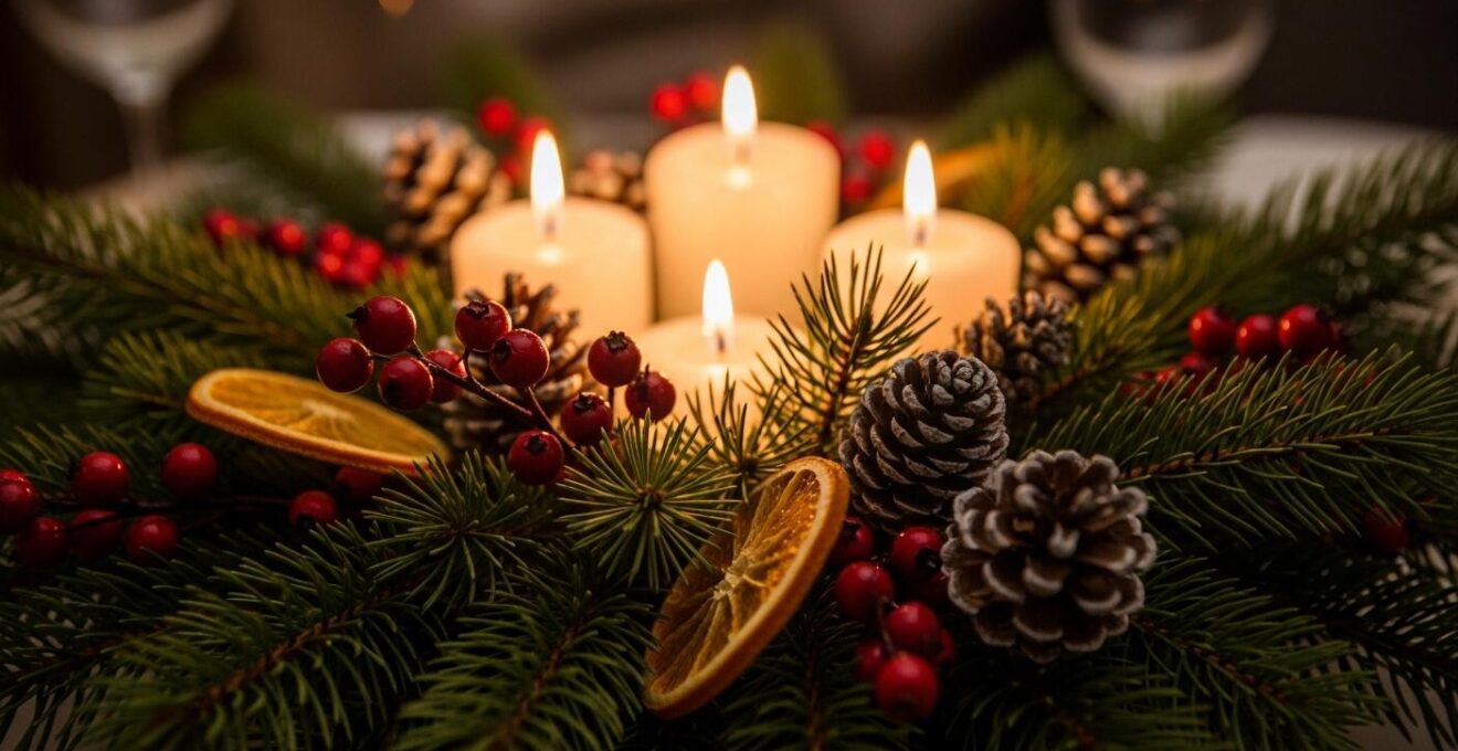 Centre de table de Noël élégant avec bougies, branches de sapin et décorations naturelles en lumière tamisée