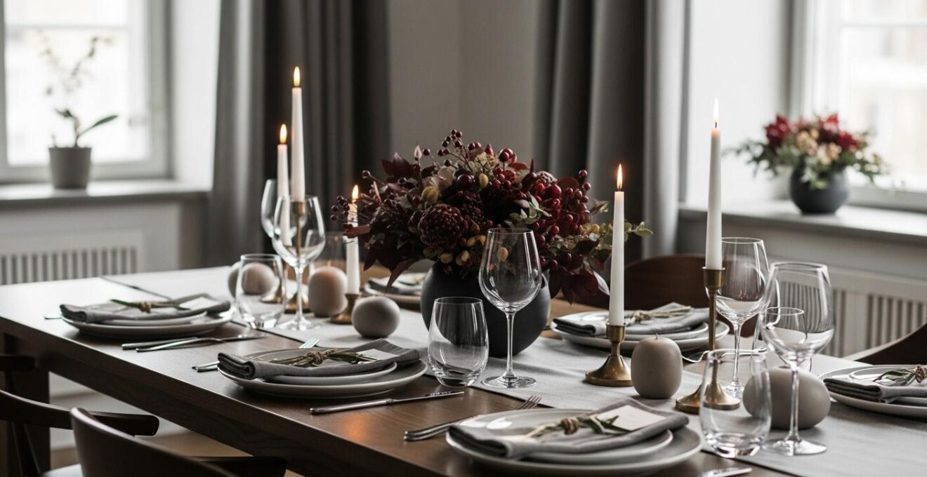 Image montrant une table de fête élégamment dressée avec respect des règles d'espace et décoration verticale