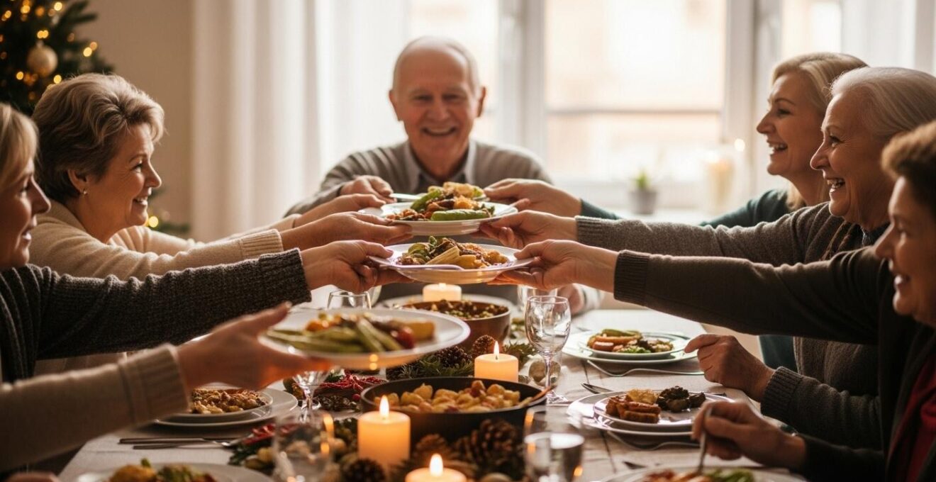 Scène chaleureuse d'une famille et amis réunis autour d'une table festive de Noël, partageant un repas convivial.