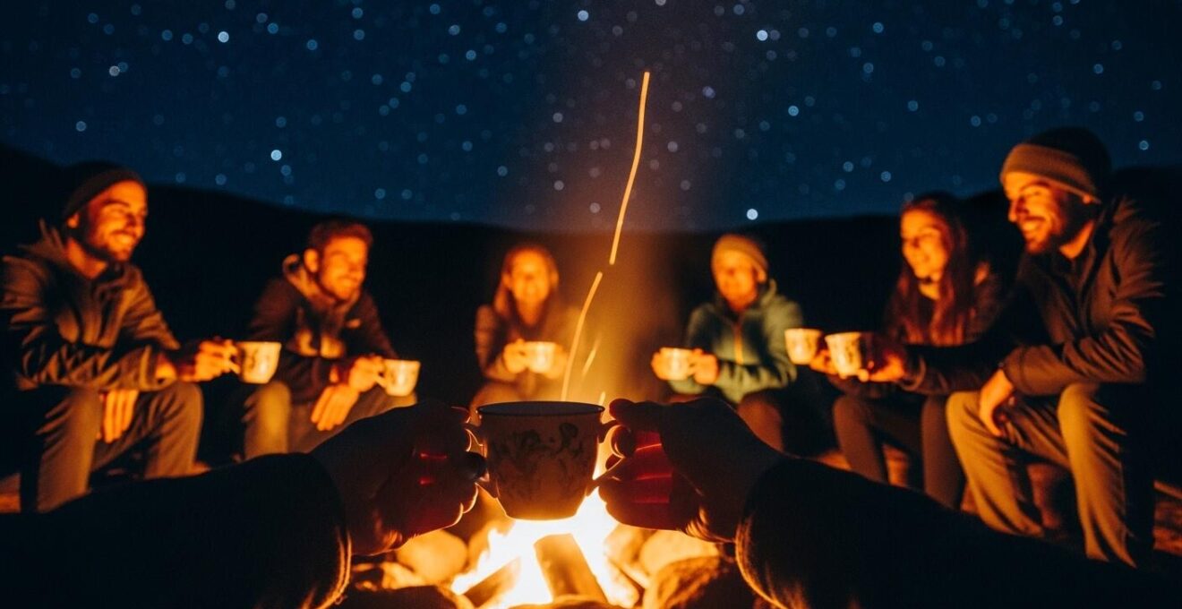 Photo d'une petite troupe autour d'un feu de camp sous un ciel étoilé en milieu naturel pour le Nouvel An