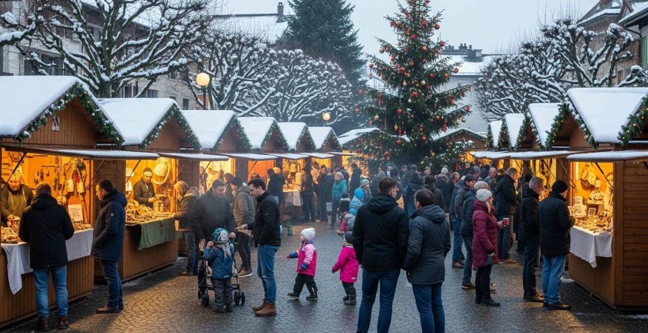 Scène festive d’un village avec habitants organisant un marché et des animations de Noël traditionnelles