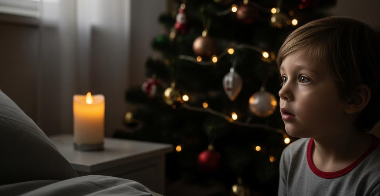 Enfant écoutant calmement une histoire de Noël dans une chambre paisible illuminée d'une lumière douce