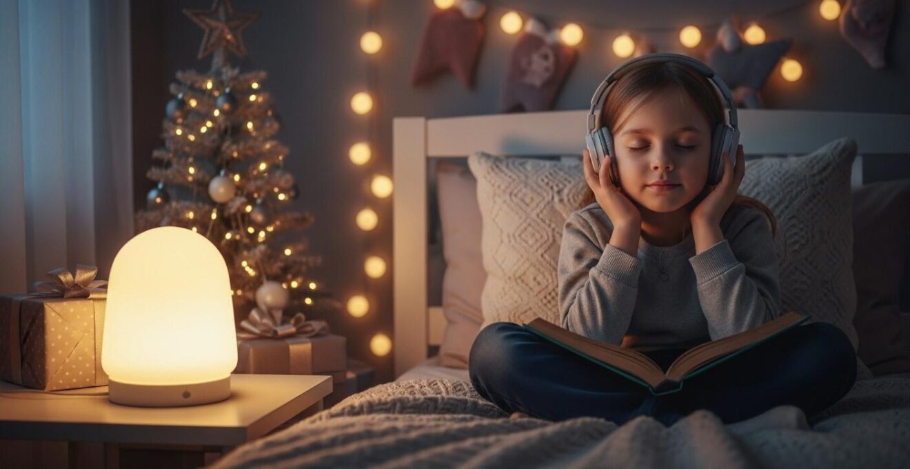 Enfant apaisé dans une chambre décorée de Noël, écoutant une histoire audio avec lumières tamisées