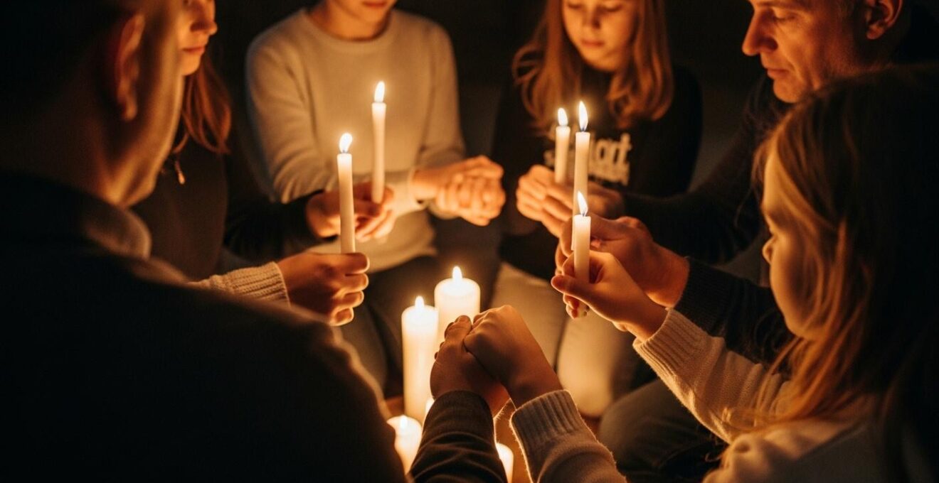 Scène philosophique d’une famille réunie en cercle, mains jointes autour d’une lumière de bougie, symbole de communion et d’unité.